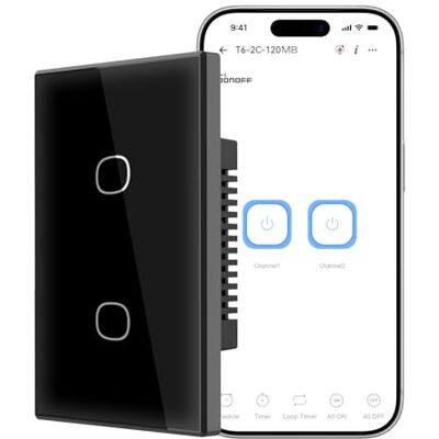 SONOFF TX Gen2 Interrupteur tactile intelligent pour mur : 2 canaux, panneau type 120, Wi-Fi 2,4 GHz, neutre requis, compatible avec Matter, Apple Home/Google Home/Amazon Alexa, T6-2C-120 Mo SONOFF TX Gen2 Interrupteur tactile intelligent pour mur : 2 canaux, panneau type 120, Wi-Fi 2,4 GHz, neutre requis, compatible avec Matter, Apple Home/Google Home/Amazon Alexa, T6-2C-120 Mo