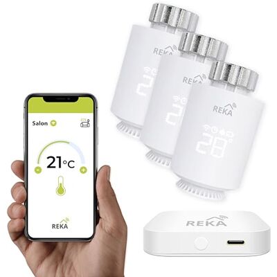 REKA Tête Thermostatique Intelligente Connectée Contrôle Température Via Appli Tuya, Programmation, Détection Fenêtres Ouvertes Compatible Assistants Vocaux (3, avec Passerelle) REKA Tête Thermostatique Intelligente Connectée Contrôle Température Via Appli Tuya, Programmation, Détection Fenêtres Ouvertes Compatible Assistants Vocaux (3, avec Passerelle)