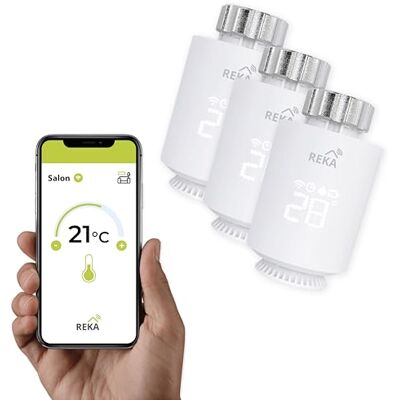 REKA Tête Thermostatique Intelligente Connectée Contrôle Température Via Appli Tuya, Programmation, Détection Fenêtres Ouvertes Compatible Assistants Vocaux (3, sans Passerelle) REKA Tête Thermostatique Intelligente Connectée Contrôle Température Via Appli Tuya, Programmation, Détection Fenêtres Ouvertes Compatible Assistants Vocaux (3, sans Passerelle)