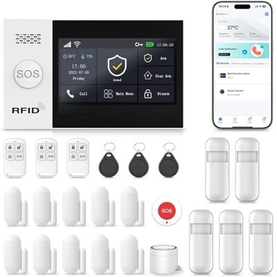 RenseCum Système d'alarme pour la sécurité domestique GSM/4G + WiFi Écran tactile de 4,3 pouces SOS Alertes instantanées par application Système intelligent sans fil Capteurs de mouvement et de porte RenseCum Système d'alarme pour la sécurité domestique GSM/4G + WiFi Écran tactile de 4,3 pouces SOS Alertes instantanées par application Système intelligent sans fil Capteurs de mouvement et de porte