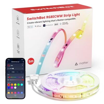 SwitchBot RGBICWW Bande LED intelligente de 5 m, compatible avec Matter 72 LED/m, compatible avec Apple Home, Alexa, Google Home, synchronisation de la musique, éclairage indirect SwitchBot RGBICWW Bande LED intelligente de 5 m, compatible avec Matter 72 LED/m, compatible avec Apple Home, Alexa, Google Home, synchronisation de la musique, éclairage indirect