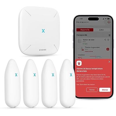 X-Sense Hygromètre Wi-Fi pour l'intérieur, surveillance de la température et de l'humidité de l'air par application, portée de 500 m, export de données gratuit, compatible avec Alexa, 4 capteurs et 1 X-Sense Hygromètre Wi-Fi pour l'intérieur, surveillance de la température et de l'humidité de l'air par application, portée de 500 m, export de données gratuit, compatible avec Alexa, 4 capteurs et 1