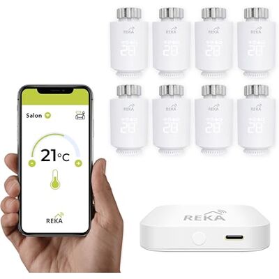 REKA Tête Thermostatique Intelligente Connectée Contrôle Température Via Appli Tuya, Programmation, Détection Fenêtres Ouvertes Compatible Assistants Vocaux (8, avec Passerelle) REKA Tête Thermostatique Intelligente Connectée Contrôle Température Via Appli Tuya, Programmation, Détection Fenêtres Ouvertes Compatible Assistants Vocaux (8, avec Passerelle)