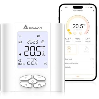 SALCAR Thermostat Connecté WiFi pour Chaudière Gaz/Chauffage au Sol Eau Programmable avec Humidité Compatible Amazon Alexa et Google Home Tête Thermostatique Tuya SALCAR Thermostat Connecté WiFi pour Chaudière Gaz/Chauffage au Sol Eau Programmable avec Humidité Compatible Amazon Alexa et Google Home Tête Thermostatique Tuya