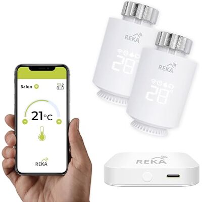 REKA Tête Thermostatique Intelligente Connectée Contrôle Température Via Appli Tuya, Programmation, Détection Fenêtres Ouvertes Compatible Assistants Vocaux (2, avec Passerelle) REKA Tête Thermostatique Intelligente Connectée Contrôle Température Via Appli Tuya, Programmation, Détection Fenêtres Ouvertes Compatible Assistants Vocaux (2, avec Passerelle)