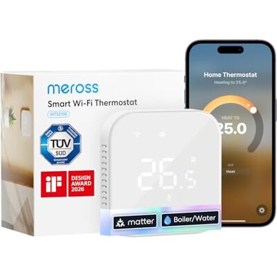 meross Thermostat Connecté Matter, Thermostat WiFi pour Chaudière Gaz/Chauffage au Sol à Eau, Compatible avec Apple Home, Alexa et Google Home, Capteur Externe, Détection de Fenêtre Ouverte meross Thermostat Connecté Matter, Thermostat WiFi pour Chaudière Gaz/Chauffage au Sol à Eau, Compatible avec Apple Home, Alexa et Google Home, Capteur Externe, Détection de Fenêtre Ouverte