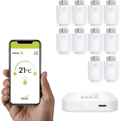 REKA Tête Thermostatique Intelligente Connectée Contrôle Température Via Appli Tuya, Programmation, Détection Fenêtres Ouvertes Compatible Assistants Vocaux (10, avec Passerelle) REKA Tête Thermostatique Intelligente Connectée Contrôle Température Via Appli Tuya, Programmation, Détection Fenêtres Ouvertes Compatible Assistants Vocaux (10, avec Passerelle)