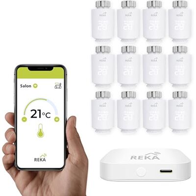 REKA Tête Thermostatique Intelligente Connectée Contrôle Température Via Appli Tuya, Programmation, Détection Fenêtres Ouvertes Compatible Assistants Vocaux (12, avec Passerelle) REKA Tête Thermostatique Intelligente Connectée Contrôle Température Via Appli Tuya, Programmation, Détection Fenêtres Ouvertes Compatible Assistants Vocaux (12, avec Passerelle)