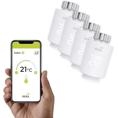 REKA Tête Thermostatique Intelligente Connectée Contrôle Température Via Appli Tuya, Programmation, Détection Fenêtres Ouvertes Compatible Assistants Vocaux (4, sans Passerelle) REKA Tête Thermostatique Intelligente Connectée Contrôle Température Via Appli Tuya, Programmation, Détection Fenêtres Ouvertes Compatible Assistants Vocaux (4, sans Passerelle)