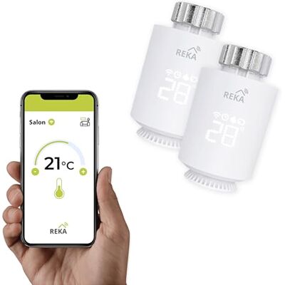 REKA Tête Thermostatique Intelligente Connectée Contrôle Température Via Appli Tuya, Programmation, Détection Fenêtres Ouvertes Compatible Assistants Vocaux (2, sans Passerelle) REKA Tête Thermostatique Intelligente Connectée Contrôle Température Via Appli Tuya, Programmation, Détection Fenêtres Ouvertes Compatible Assistants Vocaux (2, sans Passerelle)