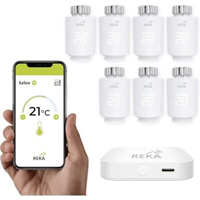 REKA Tête Thermostatique Intelligente Connectée Contrôle Température Via Appli Tuya, Programmation, Détection Fenêtres Ouvertes Compatible Assistants Vocaux (7, avec Passerelle) REKA Tête Thermostatique Intelligente Connectée Contrôle Température Via Appli Tuya, Programmation, Détection Fenêtres Ouvertes Compatible Assistants Vocaux (7, avec Passerelle)