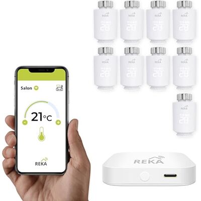 REKA Tête Thermostatique Intelligente Connectée Contrôle Température Via Appli Tuya, Programmation, Détection Fenêtres Ouvertes Compatible Assistants Vocaux (9, avec Passerelle) REKA Tête Thermostatique Intelligente Connectée Contrôle Température Via Appli Tuya, Programmation, Détection Fenêtres Ouvertes Compatible Assistants Vocaux (9, avec Passerelle)