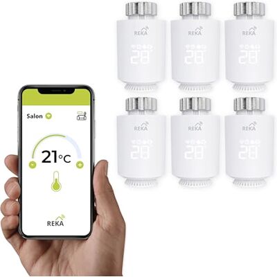 REKA Tête Thermostatique Intelligente Connectée Contrôle Température Via Appli Tuya, Programmation, Détection Fenêtres Ouvertes Compatible Assistants Vocaux (6, sans Passerelle) REKA Tête Thermostatique Intelligente Connectée Contrôle Température Via Appli Tuya, Programmation, Détection Fenêtres Ouvertes Compatible Assistants Vocaux (6, sans Passerelle)