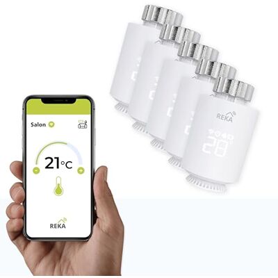REKA Tête Thermostatique Intelligente Connectée Contrôle Température Via Appli Tuya, Programmation, Détection Fenêtres Ouvertes Compatible Assistants Vocaux (5, sans Passerelle) REKA Tête Thermostatique Intelligente Connectée Contrôle Température Via Appli Tuya, Programmation, Détection Fenêtres Ouvertes Compatible Assistants Vocaux (5, sans Passerelle)