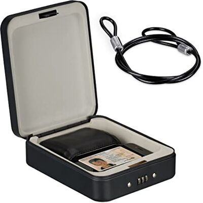 Relaxdays Coffre-Fort Nomade avec Code, Portable, avec câble de sécurité, Acier, HxLxP: 6x16x20 cm, Noir Relaxdays Coffre-Fort Nomade avec Code, Portable, avec câble de sécurité, Acier, HxLxP: 6x16x20 cm, Noir