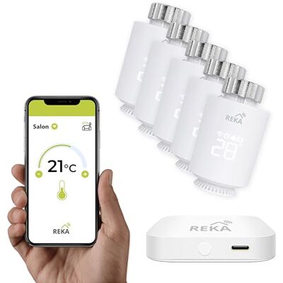 REKA Tête Thermostatique Intelligente Connectée Contrôle Température Via Appli Tuya, Programmation, Détection Fenêtres Ouvertes Compatible Assistants Vocaux (5, avec Passerelle) REKA Tête Thermostatique Intelligente Connectée Contrôle Température Via Appli Tuya, Programmation, Détection Fenêtres Ouvertes Compatible Assistants Vocaux (5, avec Passerelle)