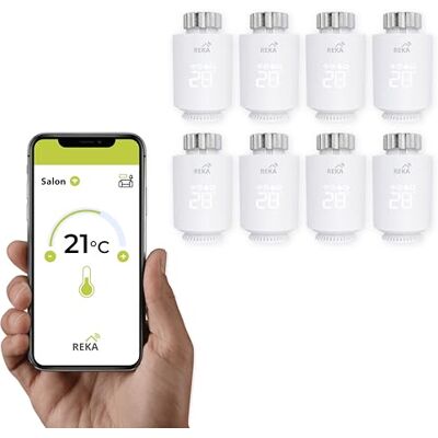 REKA Tête Thermostatique Intelligente Connectée Contrôle Température Via Appli Tuya, Programmation, Détection Fenêtres Ouvertes Compatible Assistants Vocaux (8, sans Passerelle) REKA Tête Thermostatique Intelligente Connectée Contrôle Température Via Appli Tuya, Programmation, Détection Fenêtres Ouvertes Compatible Assistants Vocaux (8, sans Passerelle)