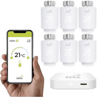 REKA Tête Thermostatique Intelligente Connectée Contrôle Température Via Appli Tuya, Programmation, Détection Fenêtres Ouvertes Compatible Assistants Vocaux (6, avec Passerelle) REKA Tête Thermostatique Intelligente Connectée Contrôle Température Via Appli Tuya, Programmation, Détection Fenêtres Ouvertes Compatible Assistants Vocaux (6, avec Passerelle)