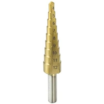 Dedra Foret étagé, 4-12 mm, acier HSS, revêtement TiN, queue cylindrique (forme « sapin de Noël »), 9 étages, convient pour l'acier, les métaux non ferreux et les plastiques Dedra Foret étagé, 4-12 mm, acier HSS, revêtement TiN, queue cylindrique (forme « sapin de Noël »), 9 étages, convient pour l'acier, les métaux non ferreux et les plastiques