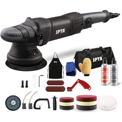 SPTA Polisseuse de voiture, polisseuse orbitale, polisseuse 750 W, 6 vitesses variables 2000-5200 tr/min, 4 m câble, base de 125 mm/150 mm SPTA Polisseuse de voiture, polisseuse orbitale, polisseuse 750 W, 6 vitesses variables 2000-5200 tr/min, 4 m câble, base de 125 mm/150 mm