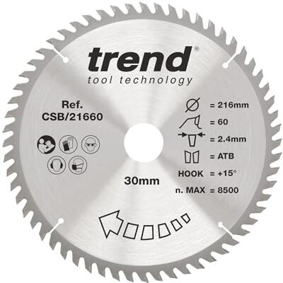TREND Lame de scie circulaire Wood, diamètre 216 mm, alésage 30 mm, 60 dents, trait de scie 2,4 mm, crochet +15°, TCT, finition extra fine, CSB/21660 TREND Lame de scie circulaire Wood, diamètre 216 mm, alésage 30 mm, 60 dents, trait de scie 2,4 mm, crochet +15°, TCT, finition extra fine, CSB/21660
