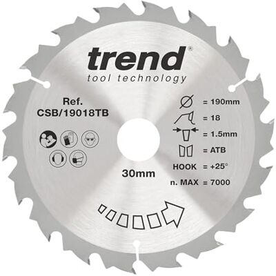 TREND Lame de scie circulaire sans fil Wood, diamètre 190 mm, alésage 30 mm, 18 dents, trait de scie 1,5 mm, crochet +25°, TCT, finition grossière, CSB/19018TB TREND Lame de scie circulaire sans fil Wood, diamètre 190 mm, alésage 30 mm, 18 dents, trait de scie 1,5 mm, crochet +25°, TCT, finition grossière, CSB/19018TB