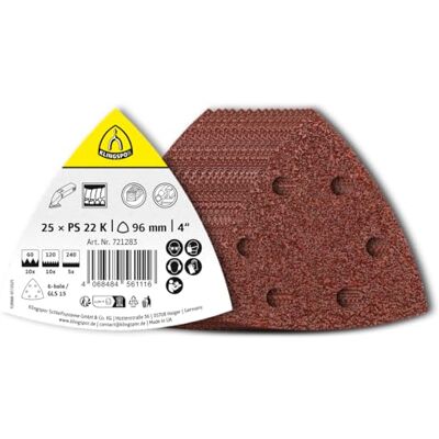 KLINGSPOR Lot de feuilles abrasives triangulaires PS 22 K 96 mm (grain 60/120/240, 6 trous GLS15, grain corindon, pour bois et métal, indéchirable, auto-agrippant, dispersion semi-ouverte, abrasif KLINGSPOR Lot de feuilles abrasives triangulaires PS 22 K 96 mm (grain 60/120/240, 6 trous GLS15, grain corindon, pour bois et métal, indéchirable, auto-agrippant, dispersion semi-ouverte, abrasif