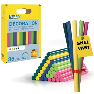 Rapid lijmsticks 7 mm, gekleurd/bont, 36 stuks petrol, Geel, Groen, Rose & Blauw; voor 7 mm lijmpistolen; 90 mm lang; 36 stuks; voor knutselen & decoreren Rapid lijmsticks 7 mm, gekleurd/bont, 36 stuks petrol, Geel, Groen, Rose & Blauw; voor 7 mm lijmpistolen; 90 mm lang; 36 stuks; voor knutselen & decoreren