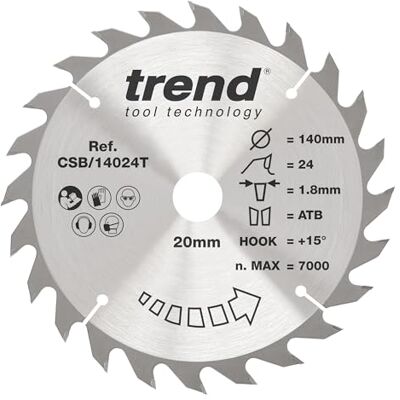 TREND Lame de scie circulaire sans fil Wood, diamètre 140 mm, alésage 20 mm, 24 dents, trait de scie 1,8 mm, crochet +15°, TCT, finition moyenne, CSB/14024T TREND Lame de scie circulaire sans fil Wood, diamètre 140 mm, alésage 20 mm, 24 dents, trait de scie 1,8 mm, crochet +15°, TCT, finition moyenne, CSB/14024T