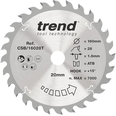 TREND Lame de scie circulaire sans fil Wood, diamètre 160 mm, alésage 20 mm, 28 dents, trait de scie 1,8 mm, crochet +15°, TCT, finition moyenne, CSB/16028T TREND Lame de scie circulaire sans fil Wood, diamètre 160 mm, alésage 20 mm, 28 dents, trait de scie 1,8 mm, crochet +15°, TCT, finition moyenne, CSB/16028T