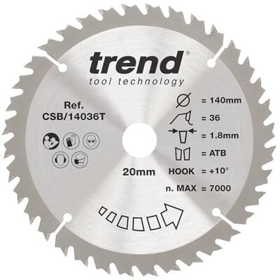 TREND Lame de scie circulaire sans fil Wood, diamètre 140 mm, alésage 20 mm, 36 dents, trait de scie 1,8 mm, crochet +10°, TCT, finition fine, CSB/14036T TREND Lame de scie circulaire sans fil Wood, diamètre 140 mm, alésage 20 mm, 36 dents, trait de scie 1,8 mm, crochet +10°, TCT, finition fine, CSB/14036T