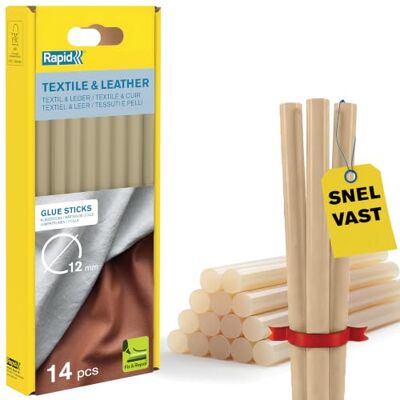 Rapid lijmsticks 12 mm, speciale lijm voor textiel & leer, 14 stuks Voor textiel & leer; voor 11-12 mm lijmpistolen; 190 mm lang; 14 stuks; gebruikstemp. 170-190°C; 30 sec. uithardingstijd Rapid lijmsticks 12 mm, speciale lijm voor textiel & leer, 14 stuks Voor textiel & leer; voor 11-12 mm lijmpistolen; 190 mm lang; 14 stuks; gebruikstemp. 170-190°C; 30 sec. uithardingstijd