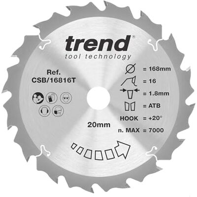 TREND Lame de scie circulaire sans fil Wood, diamètre 168 mm, alésage 20 mm, 16 dents, trait de scie 1,8 mm, crochet +20°, TCT, finition grossière, CSB/16816T TREND Lame de scie circulaire sans fil Wood, diamètre 168 mm, alésage 20 mm, 16 dents, trait de scie 1,8 mm, crochet +20°, TCT, finition grossière, CSB/16816T