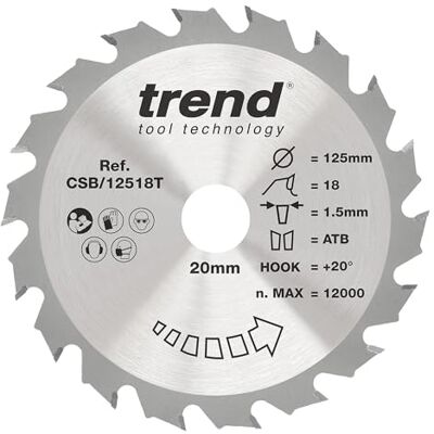 TREND Lame de scie circulaire sans fil Wood, diamètre 125 mm, alésage 20 mm, 18 dents, trait de scie 1,5 mm, crochet +20°, TCT, finition grossière, CSB/12518T TREND Lame de scie circulaire sans fil Wood, diamètre 125 mm, alésage 20 mm, 18 dents, trait de scie 1,5 mm, crochet +20°, TCT, finition grossière, CSB/12518T