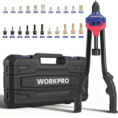 WORKPRO Outil à riveter, 40,6 cm avec 11 mandrins métriques et SAE, ensemble d'outils à rivets manuels avec 185 rivets filetés, riveteuse manuelle avec étui de transport WORKPRO Outil à riveter, 40,6 cm avec 11 mandrins métriques et SAE, ensemble d'outils à rivets manuels avec 185 rivets filetés, riveteuse manuelle avec étui de transport