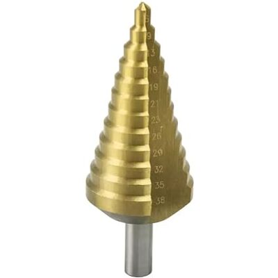 Dedra Foret étagé WMST0638 6-38 mm en acier HSS avec revêtement TiN, tige cylindrique (forme de sapin), 10 étapes, convient pour l'acier, les métaux non ferreux et les plastiques Dedra Foret étagé WMST0638 6-38 mm en acier HSS avec revêtement TiN, tige cylindrique (forme de sapin), 10 étapes, convient pour l'acier, les métaux non ferreux et les plastiques