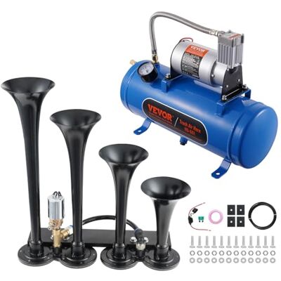 VEVOR Kit de Klaxons de Train, 4 Trompettes à Air, Klaxons de Train 150 db pour Camionnettes, Compresseur D'air 12V 120psi, Réservoir de 6L avec Jauge pour Tout Véhicule 12V, Voiture,Camion,Train,Van VEVOR Kit de Klaxons de Train, 4 Trompettes à Air, Klaxons de Train 150 db pour Camionnettes, Compresseur D'air 12V 120psi, Réservoir de 6L avec Jauge pour Tout Véhicule 12V, Voiture,Camion,Train,Van