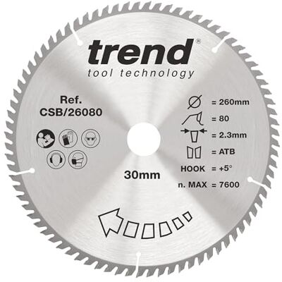 TREND Lame de scie circulaire Wood, diamètre 260 mm, alésage 30 mm, 80 dents, trait de scie 2,3 mm, crochet +5°, TCT, finition extra fine, CSB/26080 TREND Lame de scie circulaire Wood, diamètre 260 mm, alésage 30 mm, 80 dents, trait de scie 2,3 mm, crochet +5°, TCT, finition extra fine, CSB/26080