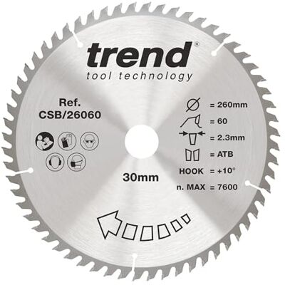 TREND Lame de scie circulaire Wood, diamètre 260 mm, alésage 30 mm, 60 dents, trait de scie 2,3 mm, crochet +10°, TCT, finition fine, CSB/26060 TREND Lame de scie circulaire Wood, diamètre 260 mm, alésage 30 mm, 60 dents, trait de scie 2,3 mm, crochet +10°, TCT, finition fine, CSB/26060