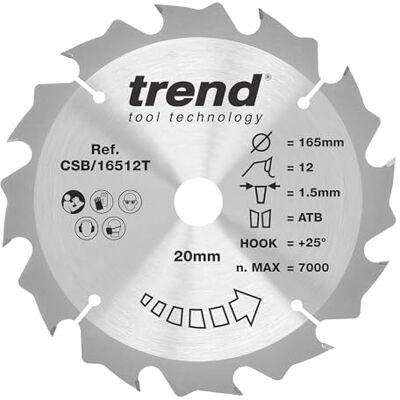TREND Lame de scie circulaire sans fil Wood, diamètre 165 mm, alésage 20 mm, 12 dents, trait de scie 1,5 mm, crochet +25°, TCT, finition grossière, CSB/16512T TREND Lame de scie circulaire sans fil Wood, diamètre 165 mm, alésage 20 mm, 12 dents, trait de scie 1,5 mm, crochet +25°, TCT, finition grossière, CSB/16512T