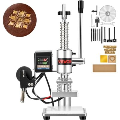 VEVOR Machine pour impression et poinçonnage à chaud de dimensions 10 x 10 Pour travail du cuir, pression 160 kg, course 40 mm, fixation du mandrin, avec panneau de contrôle numérique de la VEVOR Machine pour impression et poinçonnage à chaud de dimensions 10 x 10 Pour travail du cuir, pression 160 kg, course 40 mm, fixation du mandrin, avec panneau de contrôle numérique de la