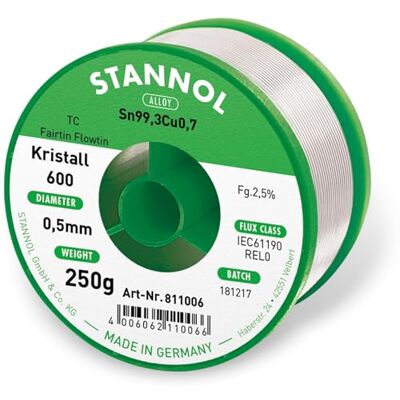 STANNOL Étain à souder sans plomb Kristall 600 Fairtin 811006 Sn99.3Cu0.7 sans plomb 250 g 0.5 mm 1 pc(s) STANNOL Étain à souder sans plomb Kristall 600 Fairtin 811006 Sn99.3Cu0.7 sans plomb 250 g 0.5 mm 1 pc(s)