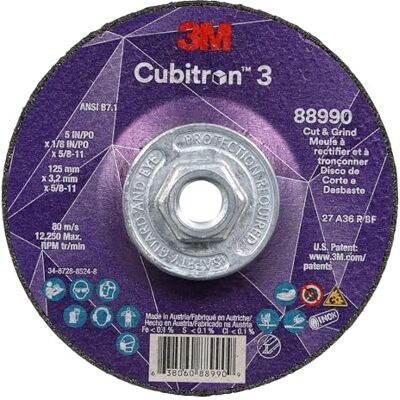 3M Cubitron 3 Cut and Grind Wheel 88990, 36+, T27, 5" x 1/8" x 5/8"-11 (125 x 3.2 mm x 5/8-11"), ANSI 3M Cubitron 3 Cut and Grind Wheel 88990, 36+, T27, 5" x 1/8" x 5/8"-11 (125 x 3.2 mm x 5/8-11"), ANSI