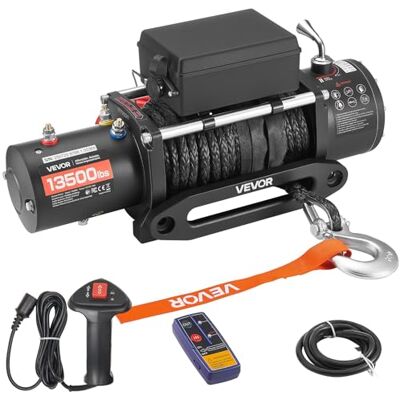VEVOR Treuil électrique, charge 6100 kg, pour camion 12 V CC avec câble en acier Φ9,5 mm x 26 m, télécommande sans fil et filaire, IP55 étanche pour le remorquage de SUV, Jeep, remorques, bateaux VEVOR Treuil électrique, charge 6100 kg, pour camion 12 V CC avec câble en acier Φ9,5 mm x 26 m, télécommande sans fil et filaire, IP55 étanche pour le remorquage de SUV, Jeep, remorques, bateaux