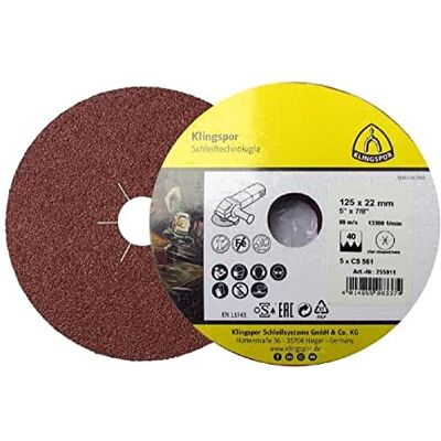 Klingspor 255913 Disque en fibre pour acier, métaux non ferreux, plastique FI CS561 80 S 30 125X22 5SRT Contenu : 5 pièces Klingspor 255913 Disque en fibre pour acier, métaux non ferreux, plastique FI CS561 80 S 30 125X22 5SRT Contenu : 5 pièces