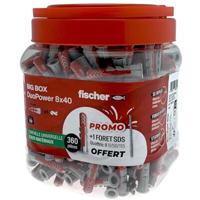 fischer BigBox de 360 Chevilles Tous matériaux DuoPower 8x40 + 1 Foret SDS Quattric Offert fischer BigBox de 360 Chevilles Tous matériaux DuoPower 8x40 + 1 Foret SDS Quattric Offert