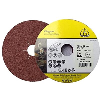Klingspor 255911 Disque en fibre pour acier, métaux non ferreux, plastique FI CS561 40 S 30 125X22 5SRT Contenu : 5 pièces Klingspor 255911 Disque en fibre pour acier, métaux non ferreux, plastique FI CS561 40 S 30 125X22 5SRT Contenu : 5 pièces