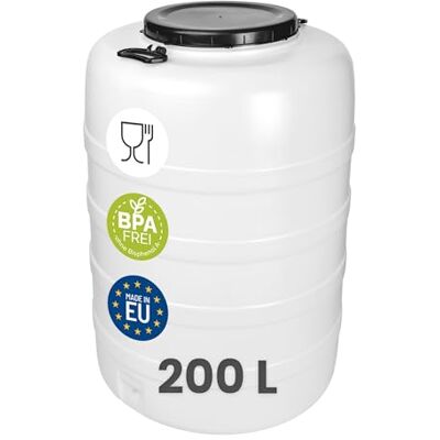Garronda Fût Alimentaire 200 L Plastique HDPE Tonneau Baril Grande Ouverture pour Eau, Stockage et Fermentation Recupérateur d Eau de Pluie GD-0187 Blanc Garronda Fût Alimentaire 200 L Plastique HDPE Tonneau Baril Grande Ouverture pour Eau, Stockage et Fermentation Recupérateur d Eau de Pluie GD-0187 Blanc
