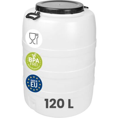 Garronda Fût Alimentaire 120 L Plastique HDPE Tonneau Baril Grande Ouverture pour Eau, Stockage et Fermentation Recupérateur d Eau de Pluie GD-0187 Blanc Garronda Fût Alimentaire 120 L Plastique HDPE Tonneau Baril Grande Ouverture pour Eau, Stockage et Fermentation Recupérateur d Eau de Pluie GD-0187 Blanc