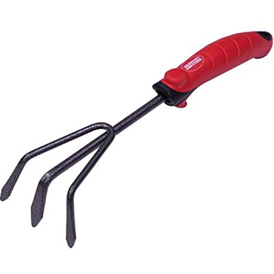 Amig Râteau de jardin avec poignée ABS Scarificateur à 3 pointes en acier pour ramasser des matériaux organiques de couleur rouge/noir Dimensions : 13 1/2". Amig Râteau de jardin avec poignée ABS Scarificateur à 3 pointes en acier pour ramasser des matériaux organiques de couleur rouge/noir Dimensions : 13 1/2".